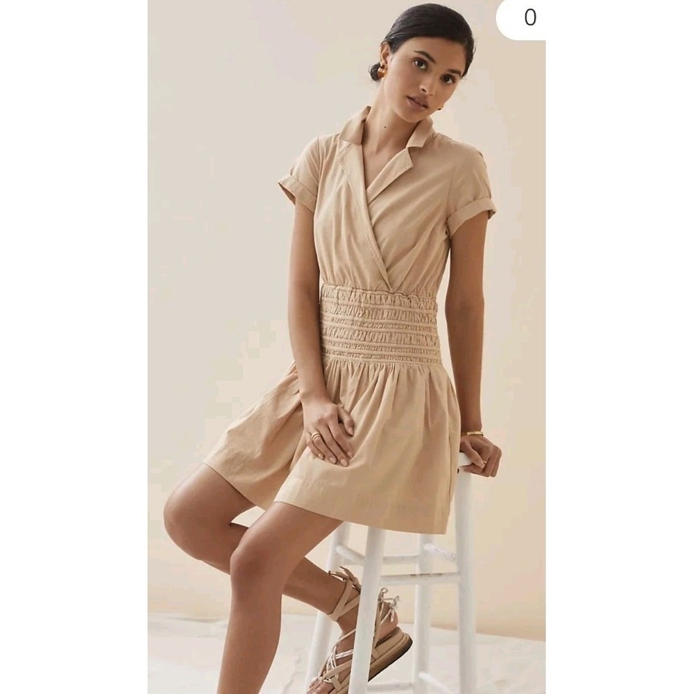 New DO+BE Dress Women S Beige Smocked VNeck Mini Casual Boho‎ Mini Cuff Sleeve